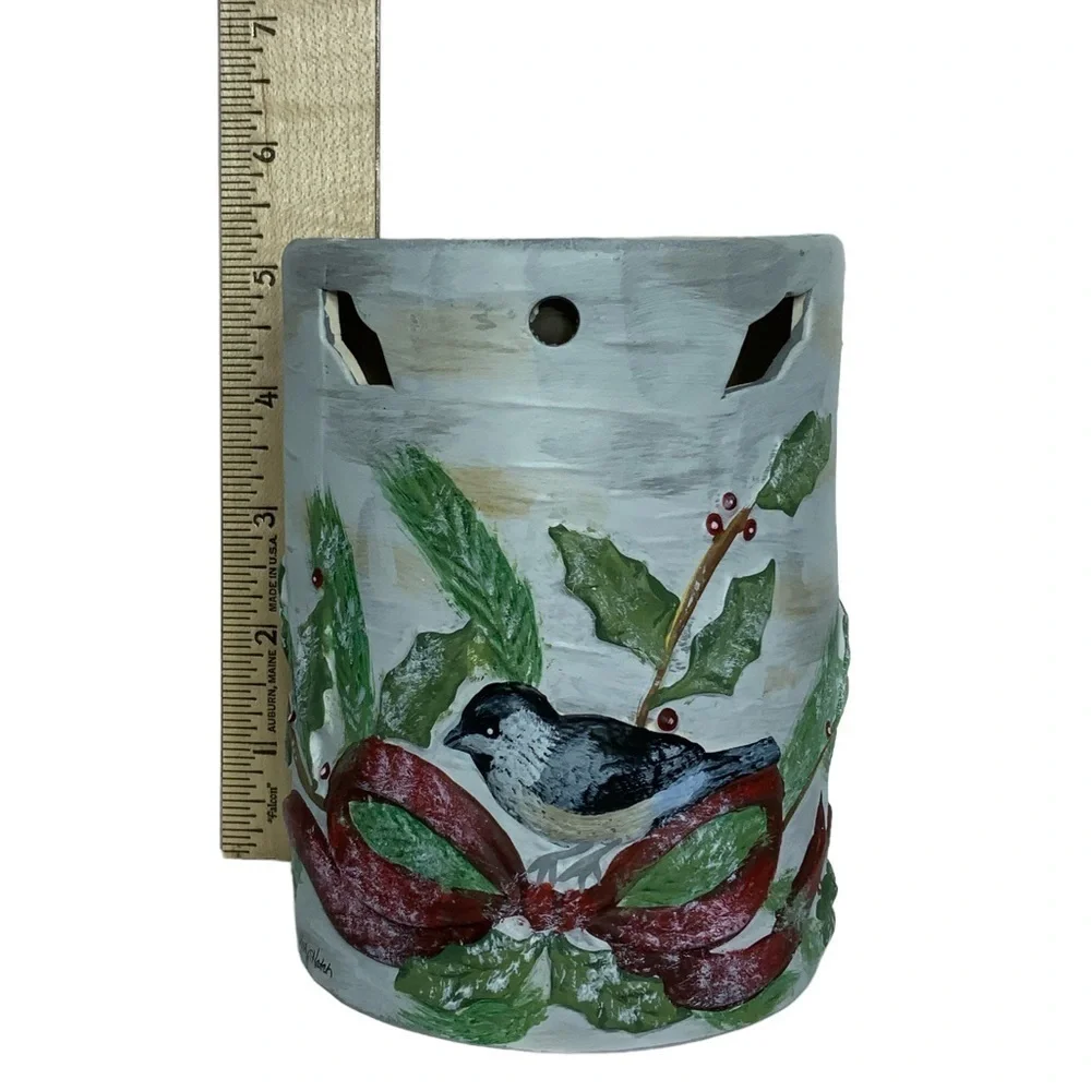 Vintage Wax Warmer Birds Kathy Hatch Tea light Hand painted Holiday White Red